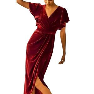 BHLDN Velvet Burgundy Wine Wrap Tie Dress